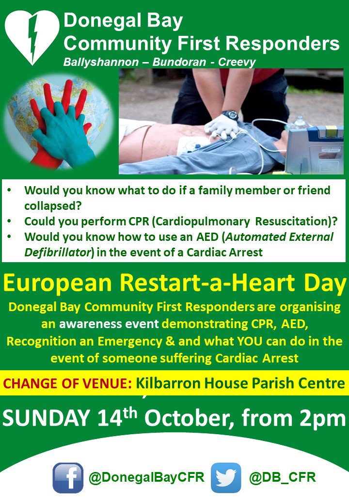 European Restart-a-Heart Day Event - #Ballyshannon #Donegal 
 Due to possible inclement  weather please note CHANGE OF VENUE to Kilbarron House Parish Centre,  Ballyshannon - SUNDAY 14th Oct, 2pm
#Ballyshannon #Bundoran #Creevy