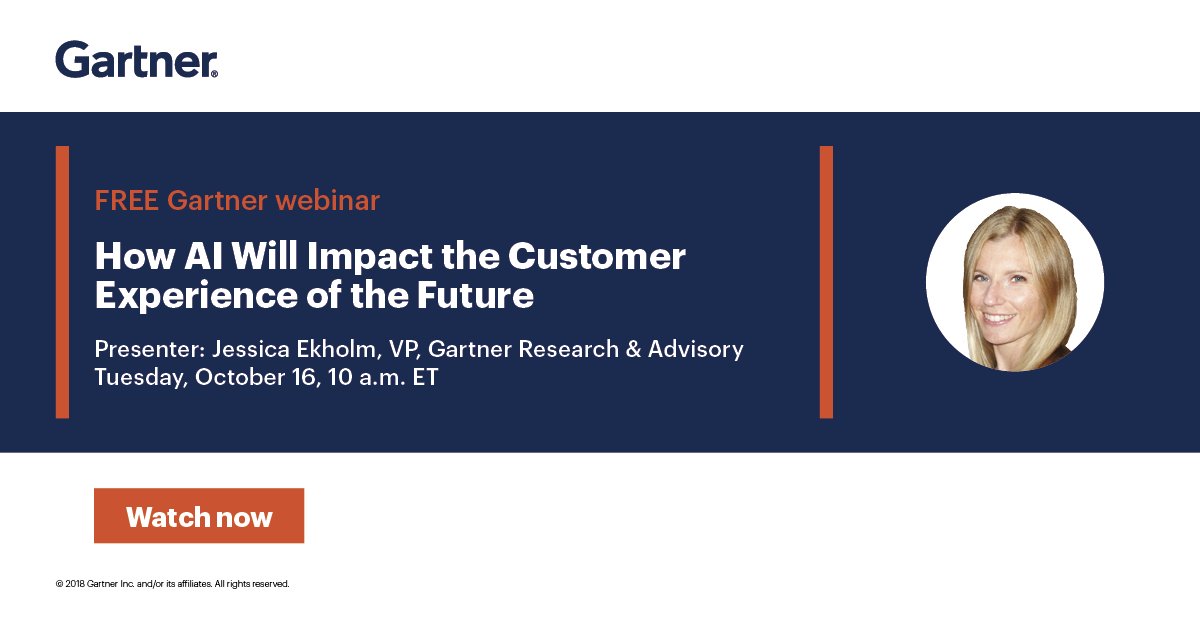 #AI -enabled tools create smarter marketing, customer support and sales experiences. Join us on October 16 at 10 a.m. ET for a free webinar with <a href="/jessekholm/">Jessica Ekholm</a>, 'How AI Will Impact the #CustomerExperience of the Future'. Register here: gtnr.it/2P0P8Du #CX #GartnerCX
