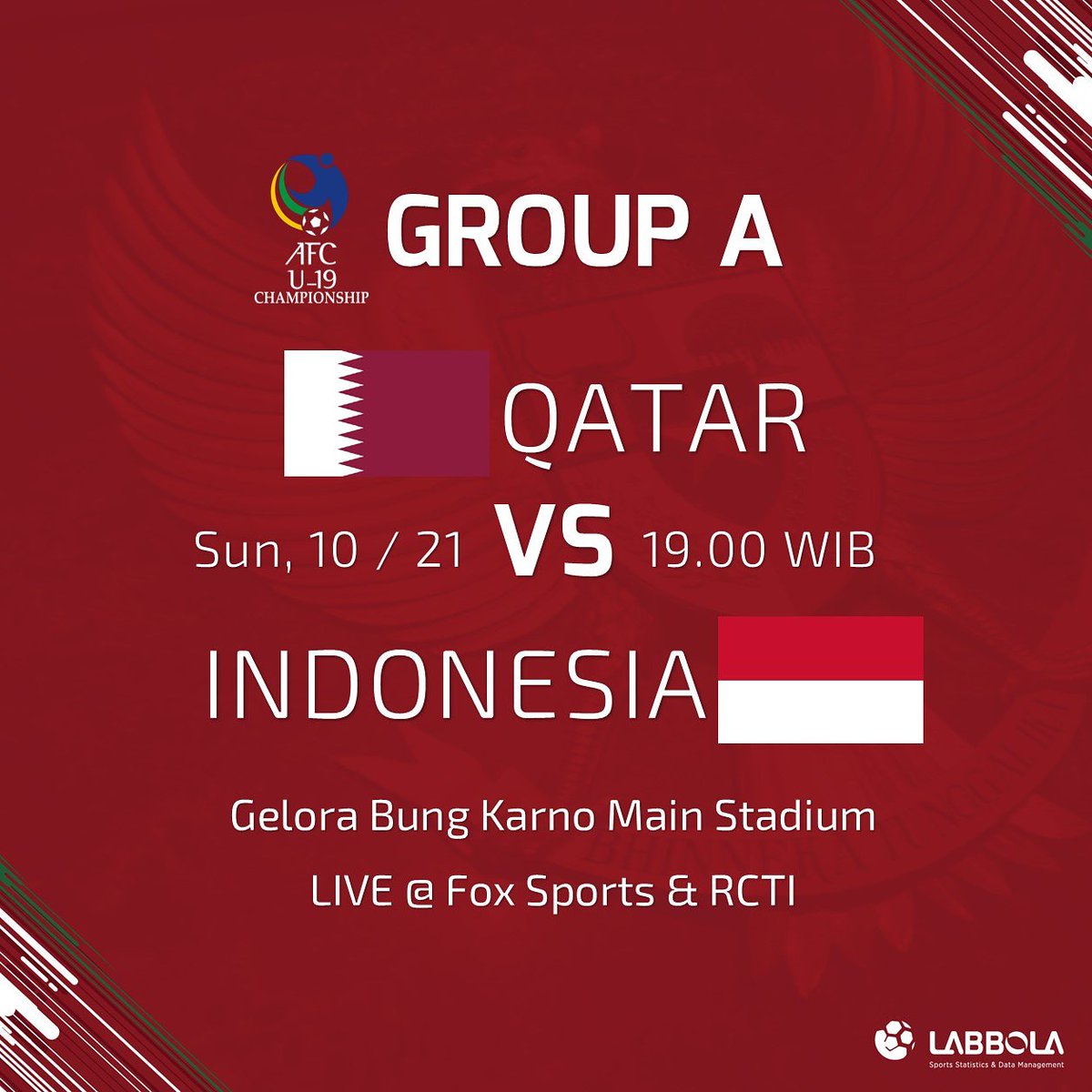 labbola's tweet photo. Today is #TimNasDay!

🏆 #AFCU19
🆚 Qatar U19 v Indonesia U19
📆 Malam ini, Minggu, 21 Okt
⏰ 19.00 WIB
🏟️ Gelora Bung Karno, Jakarta
📺 Fox Sports &amp; RCTI

Dukung perjuangan Garuda Nusantara menuju Piala Dunia U20 tahun depan!

Semangat, Indonesia!!
💪🔥

#IndonesiaU19 #QTRvIDN https://t.co/03H4KKdRO3