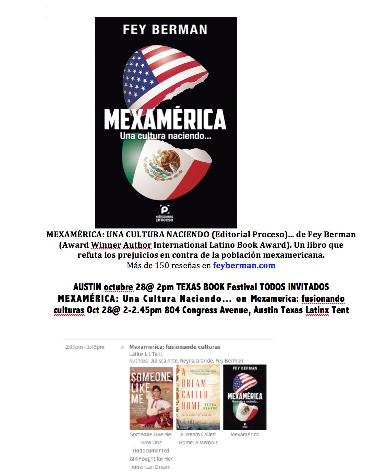FeigueBerman1's tweet photo. Mexamérica @FeigueBerman1 en @texasbookfest October 28@2pm #mexicanosaustin #austinmexicano #librosaustin #literatura #mexamerica #feyberman https://t.co/TVnaLinLZ3