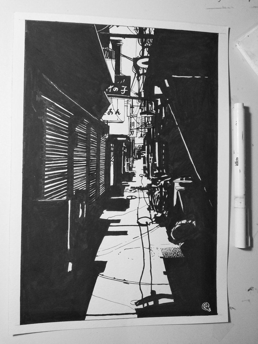 Ok for real tho.. THIS is the final #inktober piece. A lot of stress was vented out and over all a really fun time inking this piece. I am really weak to cables and pipes in narrow streets so if you ever find yoursef in one, share me some of those neat photos for references.