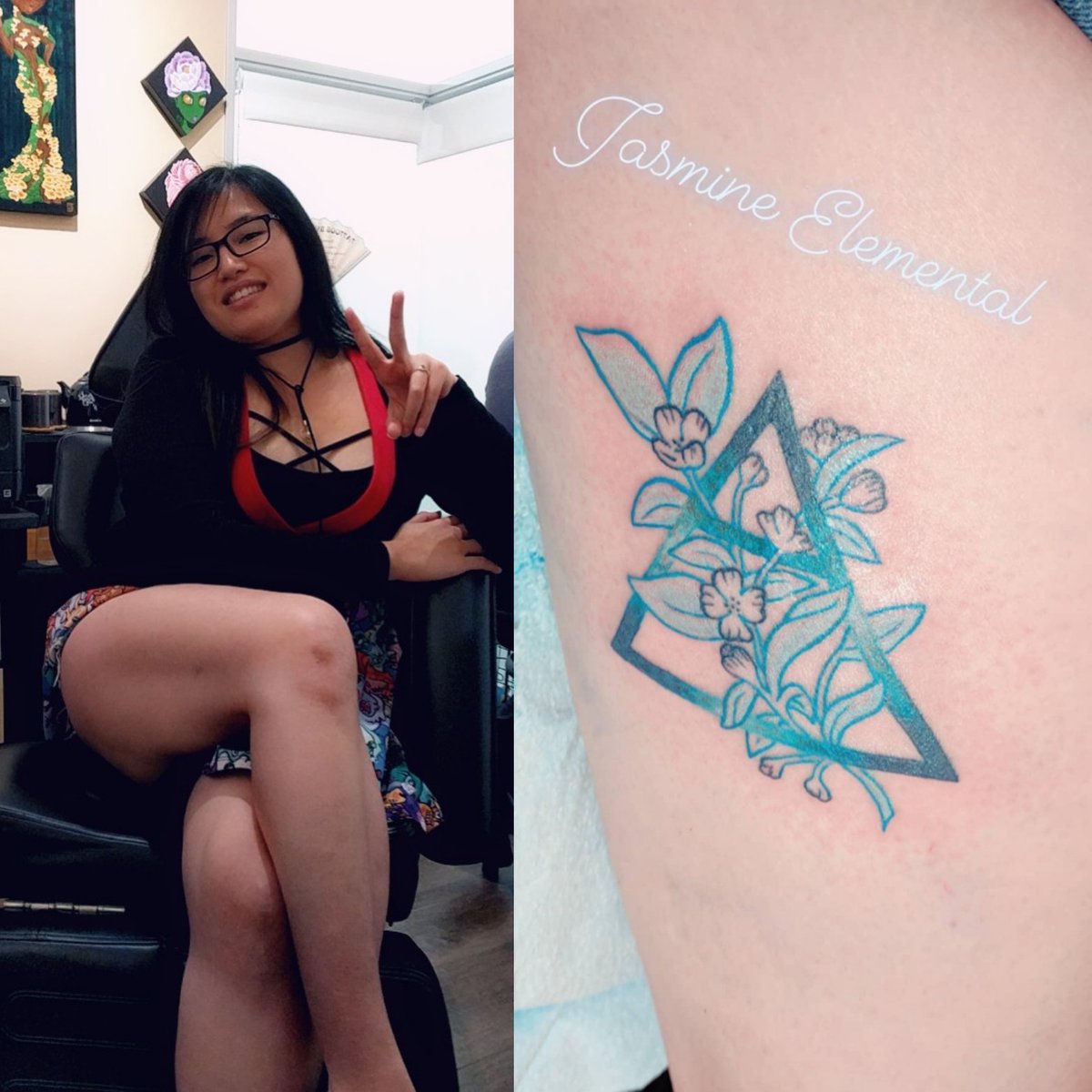 QQChrystal's tweet photo. Got my 1st tattoo today -- my elemental symbol of air with Jasmine tea flowers! All thanks to @BigEyedMisha 💙💙💙

#1stInk #tattoo #AirElemental #JasmineTeaFlower #TattooByMisha https://t.co/XYxkPz1OZy