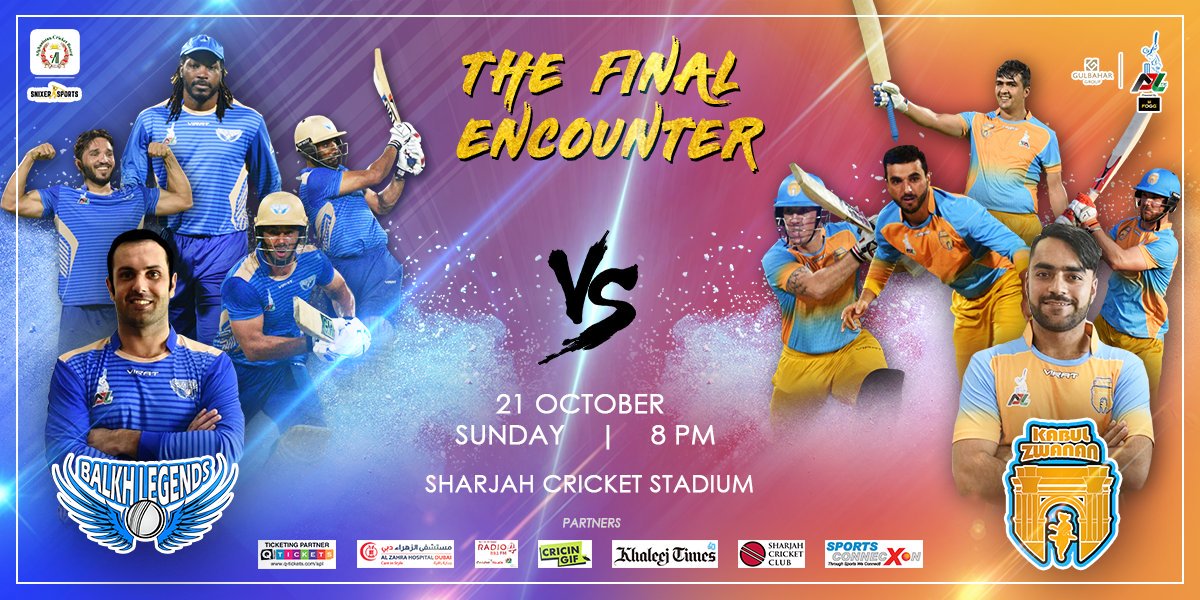The big one the final  between two 
 best  teams 
#BalkhLegends vs #Kabulzwanan 
Coming  up  
So excited  
Today  8 pm local  time  
Good  luck  to my team  #BalkhLegends 
@MohammadNabi007 @henrygayle @MirwaisAshraf16 
#APLT20 #final #APT20 #APL2018 #Afghanistan