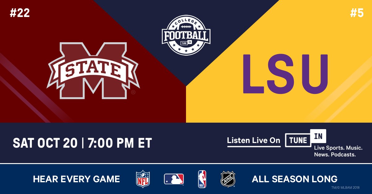 tunein's tweet photo. Live now: @HailState vs. @LSUfootball Listen here: https://t.co/DwkKjun7KU #CFB2018 https://t.co/ytpQCHTtZ9