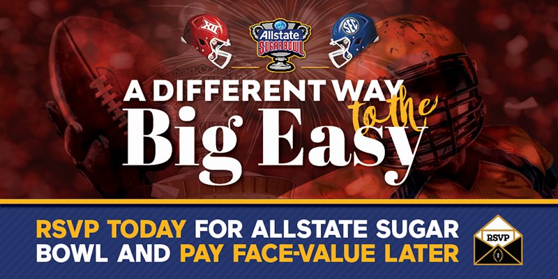 SugarBowlNola's tweet photo. Think your team might make it to New Orleans for #sugar19 but don't want to buy tickets until you're sure? Guarantee face-value tickets for YOUR team by using @cfprsvp. Visit https://t.co/NRHTgsUvPk to reserve today! https://t.co/Mz1AS9CCYx