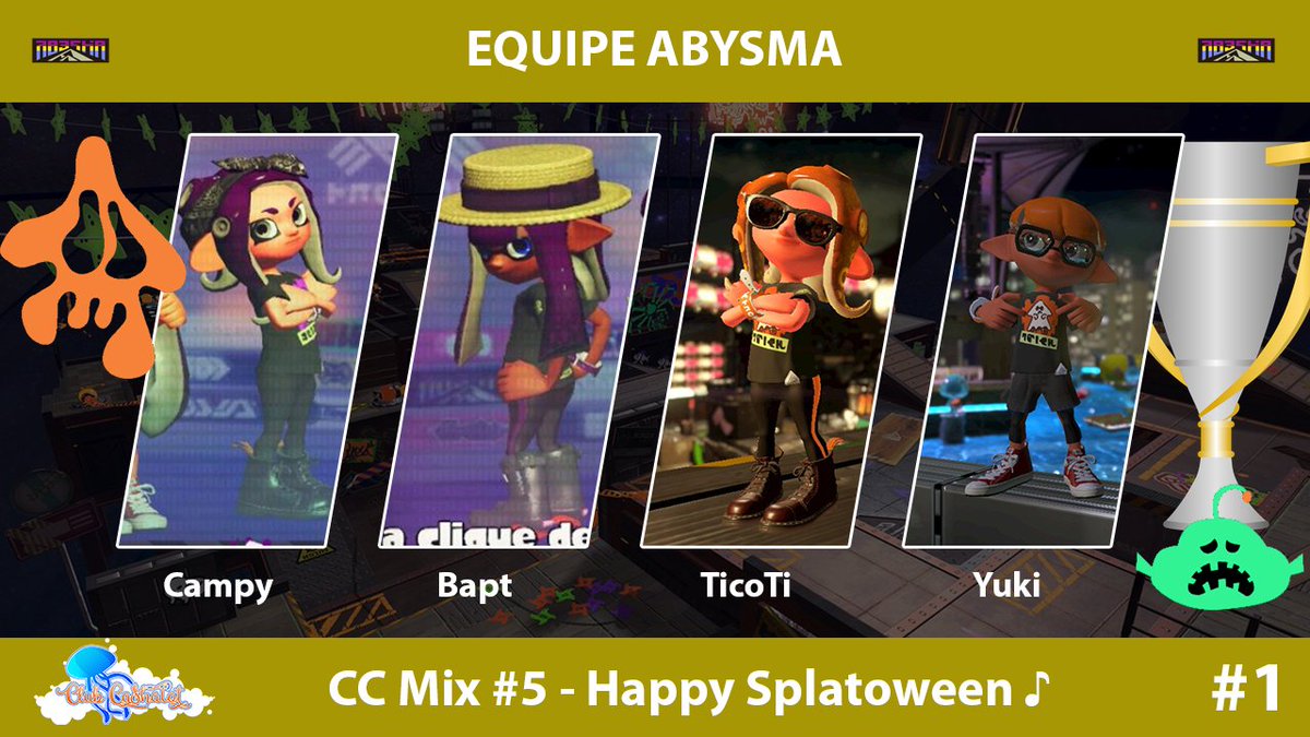 ClubCashalot's tweet photo. 🚨 Résultats CC Mix #5 🚨
Félicitations à Abysma (@ValouCampy @RbaptF @yukiloic1 @TicoTiii ) qui remporte cette édition 🏆
Aroz arrive 2ème 🥈 suivie par Ezko 🥉
Bravo à tous les participants ! On se retrouve demain pour le début des qualifications #CrazyWeek5 👊
#Splatoon2 https://t.co/rFp3xuFisQ