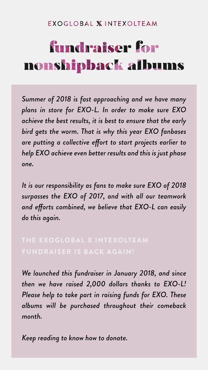 PHIXOVotingTeam's tweet photo. ๐EXO 2018 COMEBACK PREPARATION FUNDRAISING PROJECT FOR NONSHIPBACK ALBUMS๐
EXOLS, HELP US ACHIEVING THE GOALS FOR EXO. THIS WILL HELP A LOT FOR THE SALES THIS COMING #EXO COMEBACK.๐
GFM: https://t.co/IVbOBs2ndT
PAYPAL: https://t.co/pWLo8uV2KN
#EXOGrandComeback @weareoneEXO https://t.co/9ZCSMgbjos