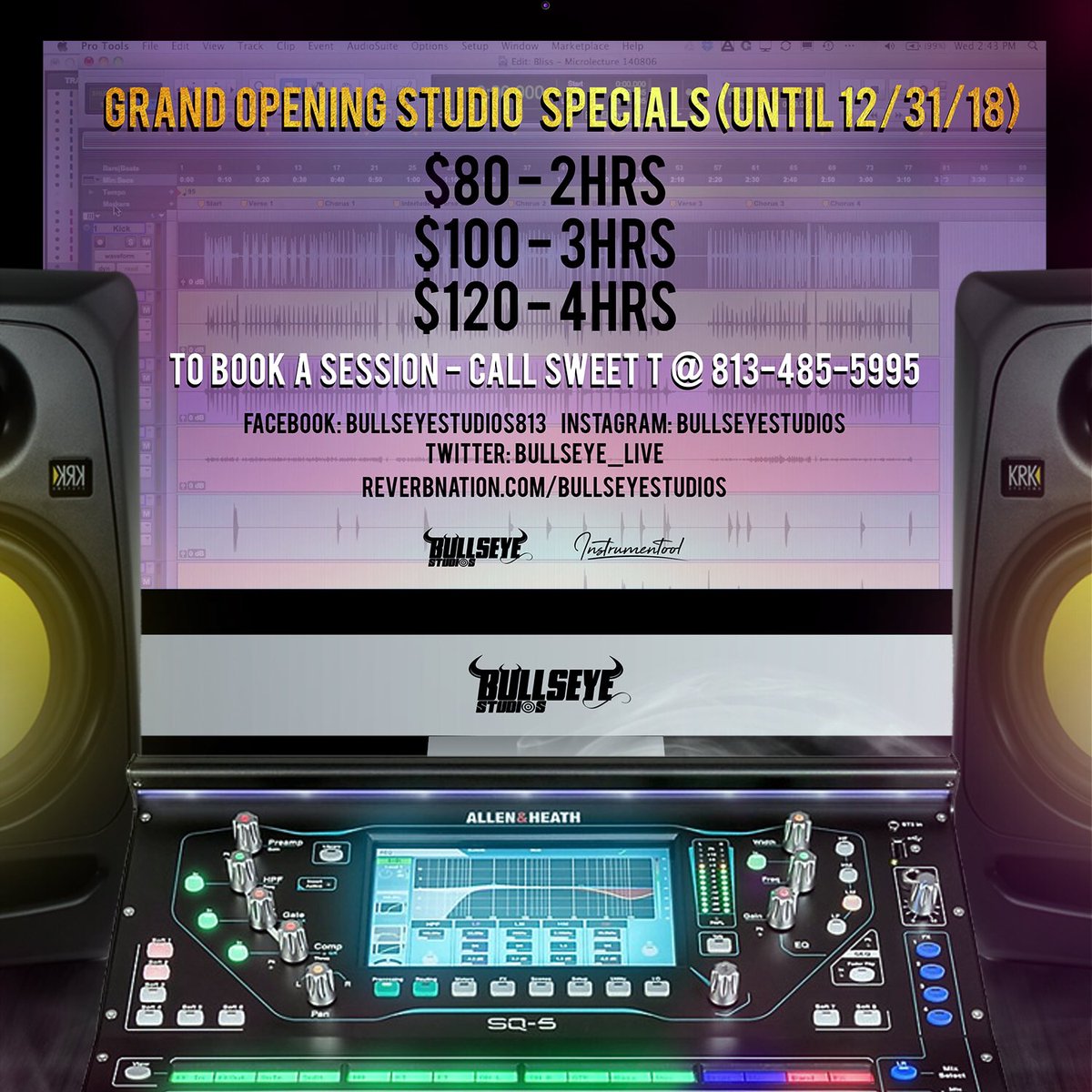 Bullseye_Live's tweet photo. #BullseyeStudios 🔥🔥🔥 #StudioRates 🚨🚨🚨 #Mix 🚨🚨🚨 Included As Long As Your Song Is Mixed During Your #Session #BookNow #ToolOnDaBoards #FLohioRadio #Professional #RecordingStudio #Recording #Mixing #Engineer #TampaMusic #Tampa #TampaWillWin #FloridaMusic #HipHop #BetThat https://t.co/BMIsEdTcMT