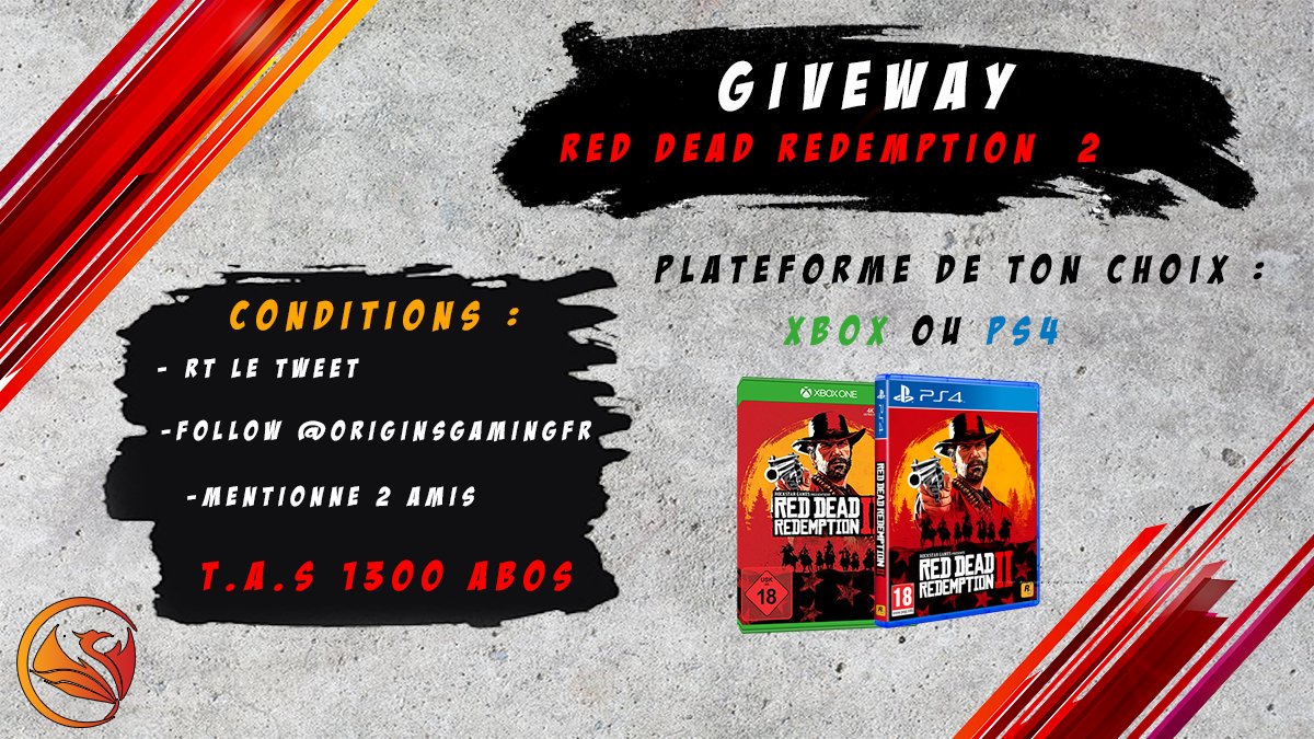 OriginSGamingFR's tweet photo. 🎁 #GIVEAWAY🎁

Remporte #RedDeadRedemptionII sur la plateforme de ton choix. 
#xbox #PS4 

🔴Pour participer (Obligatoire): 

▶️FOLLOW @OriginSGamingFR 

▶️#RT CE TWEET. 🔁

▶️MENTIONNE 2 AMIS. 🚹

🏁Tirage à 1300 abonnés. https://t.co/MWEEV1ek7c