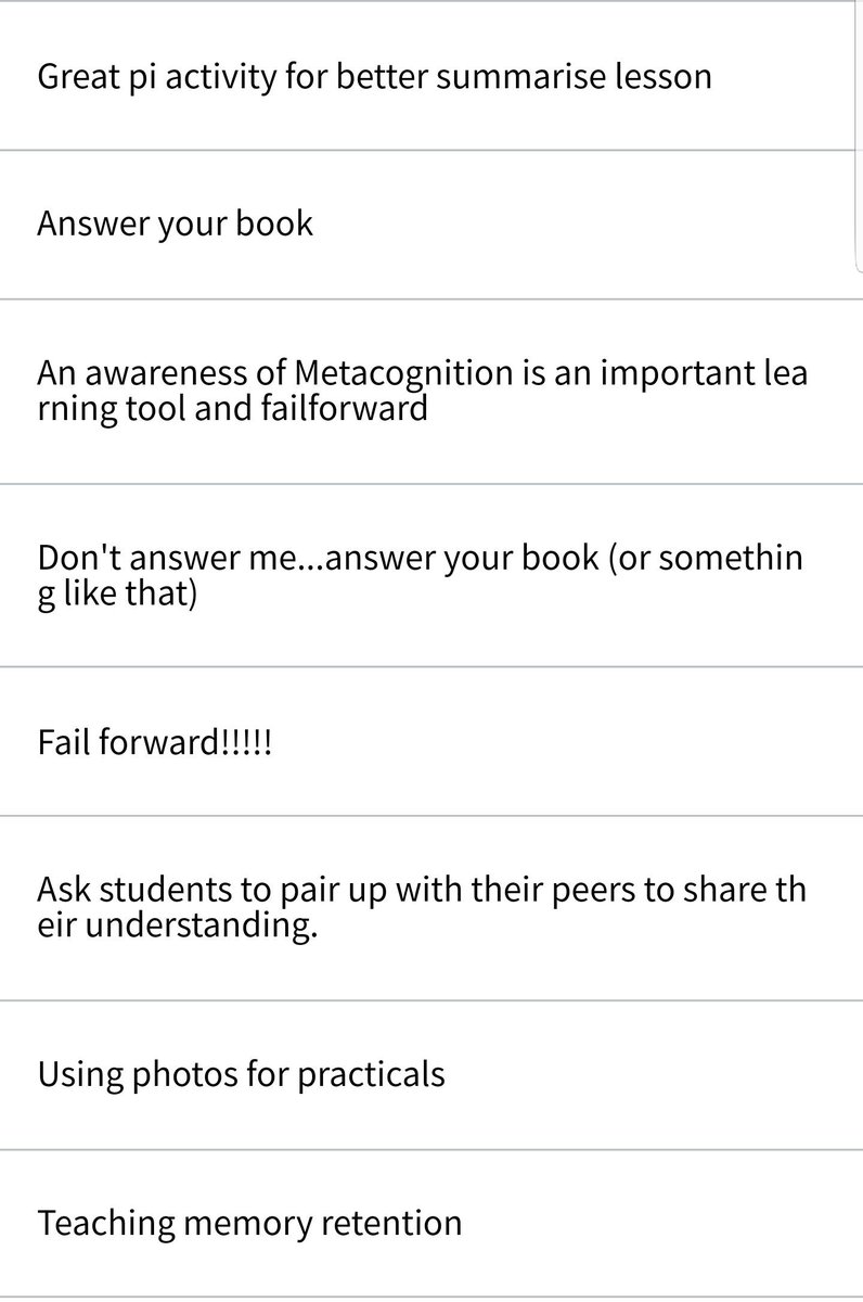 ScienceWithMat's tweet photo. "What did you learn today that you want to implement into your classes?" I asked my workshop attendees this at the #scimathconf18 Here are their responses. (p.s. some of their responses need context to make sense)Thanks @QuantalBio @reneecarniato @KenSilburn for your support. https://t.co/8wMrU95to5