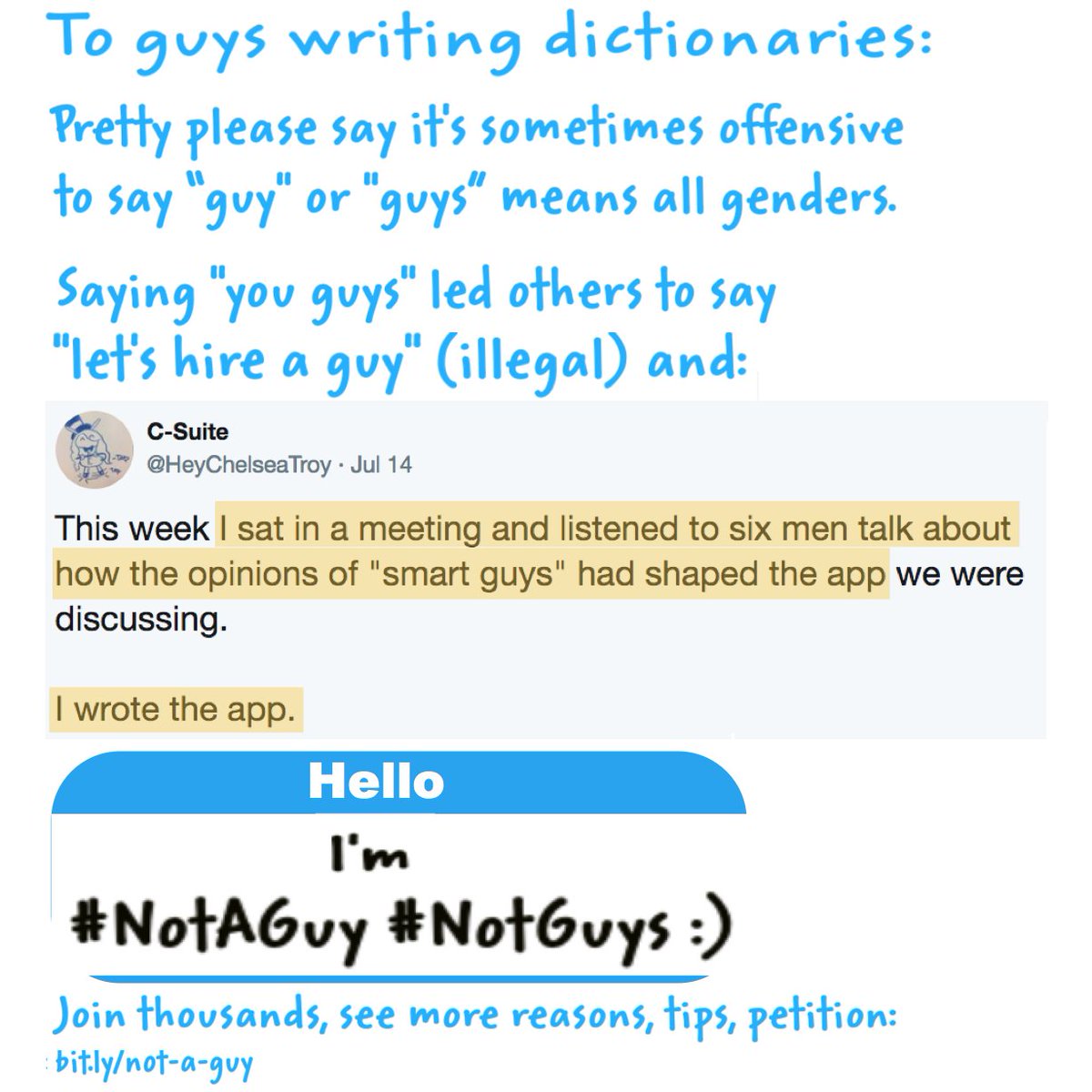 FunAndDraconian's tweet photo. To guys writing @Dictionarycom @MerriamWebster @OxfordWords @MacDictionary:

Pretty please:
-Reply to my tweets to you since '16 of thousands avoiding male words to = everyone
-Say it's sometimes offensive to say “guy/guys” = all genders

https://t.co/H1HXVZiXGN #NotAGuy #NotGuys https://t.co/o5ZHrvFaYM