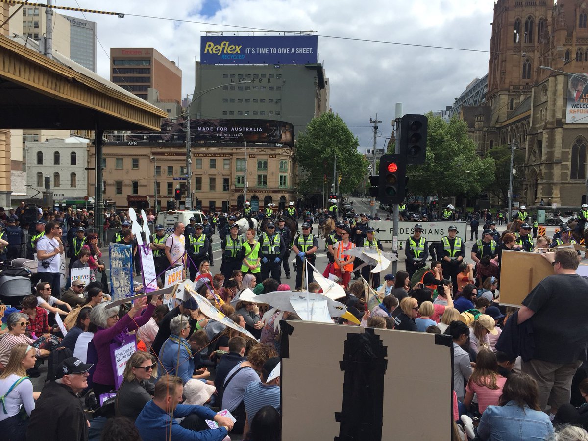 Despicable level of policing for the #ChildrensMarch for Nauru today. PORT, Horse unit and over-the-top numbers for a peaceful, kid-led protest. #VicPolWatch