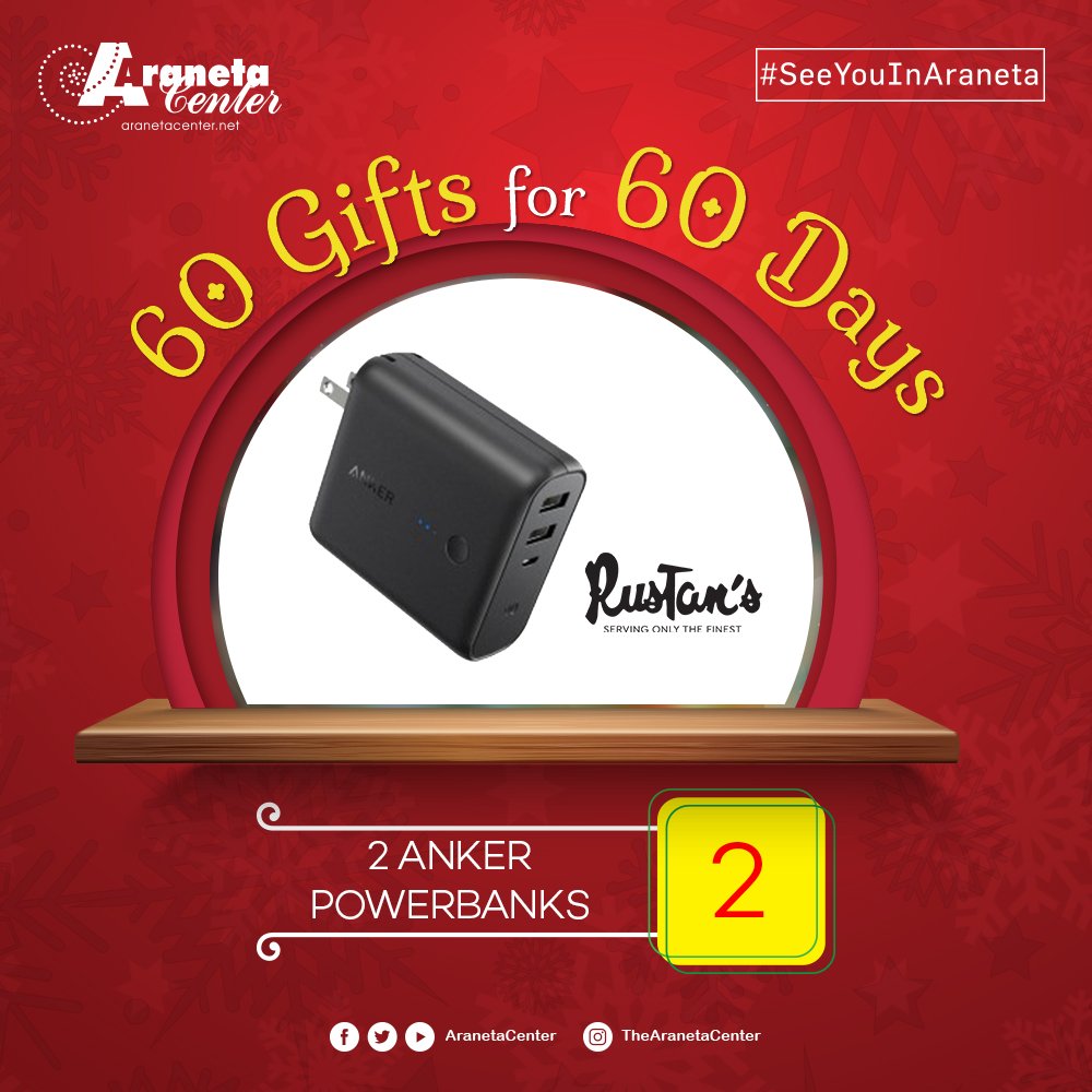 Day 2 of 60: Win 2 BRAND NEW ANKER POWERBANK from Rustan's!
FOLLOW us, QUOTE and RETWEET this, TAG 5 friends, and use the HASHTAGS #60giftsfor60daysYear4, #AranetaDay2of60, and #SeeYouinAraneta

For full mechanics visit: facebook.com/notes/the-aran…