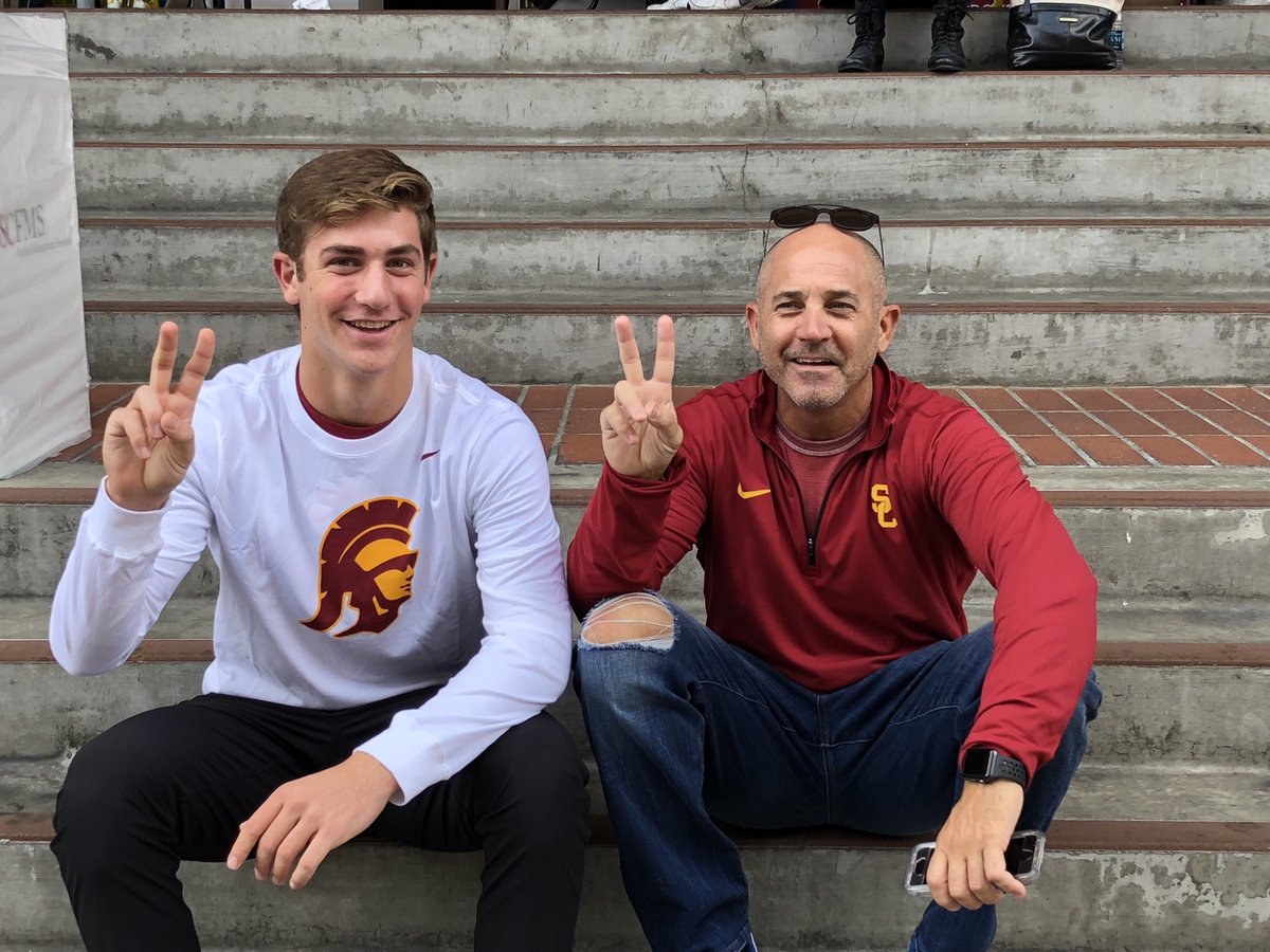 scottmay9's tweet photo. We ran into USC QB commit Kedon Slovis and his dad. Looking like they are having a great time. #FightOn #usc19 https://t.co/E4IFynP4Eg