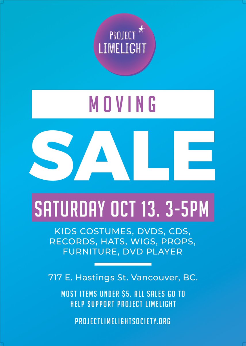 DOORS ARE OPENING! Every item is selling for a $3 donation to Project Limelight!  Come on down! Costumes, hats, wigs, props, fabric, furniture, records, DVDs, CDs and more!