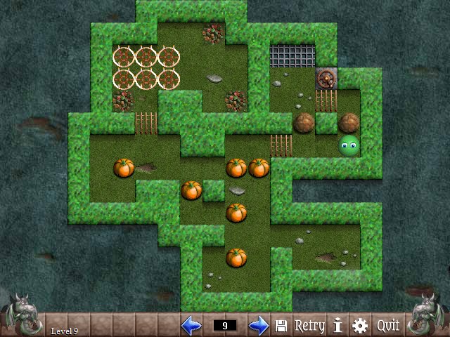 Sokoban puzzle in a gloomy garden with pumpkins.