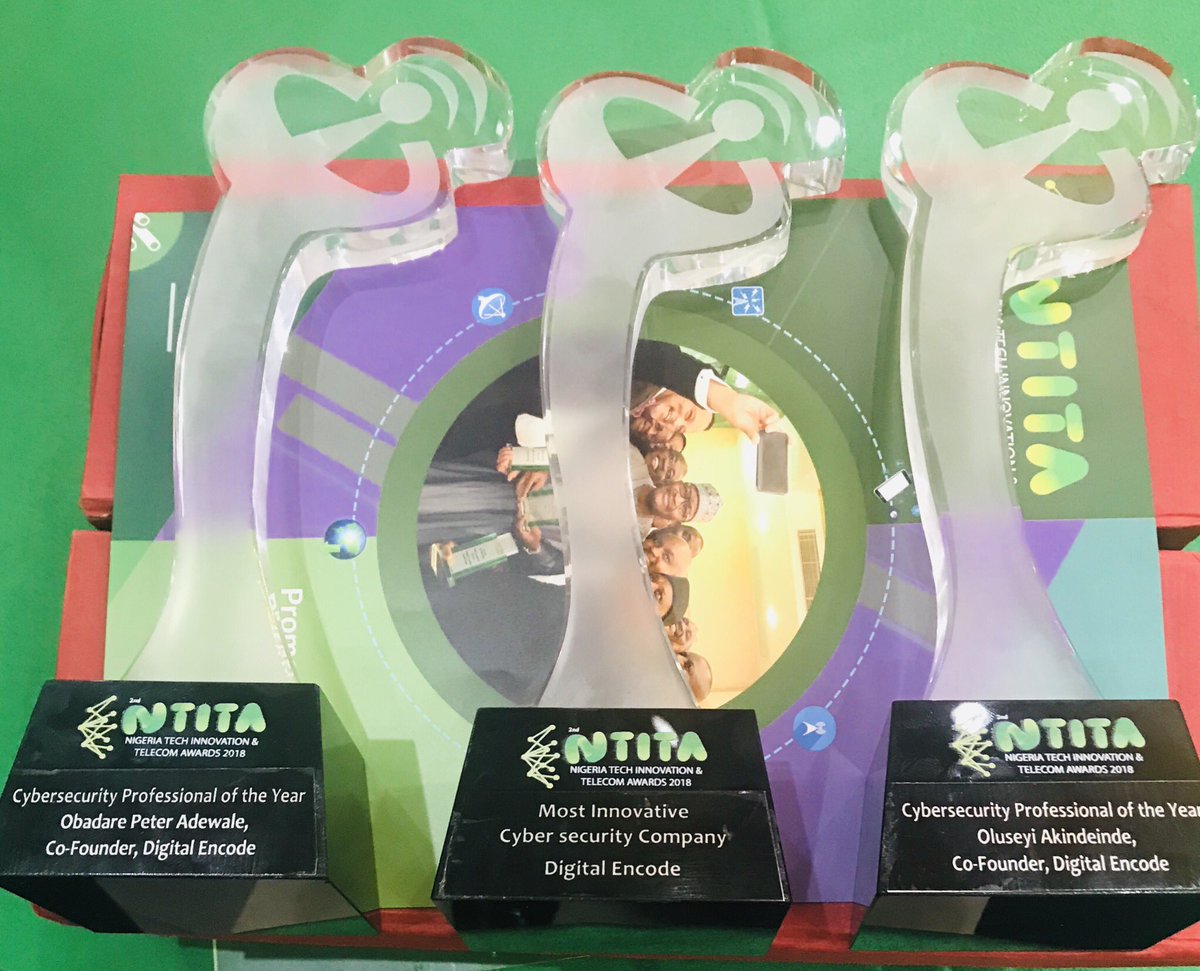 DigitalEncode's tweet photo. #NTITA2018 - 3 Awards in One Night: Most Innovative Cybersecurity Company Of The Year #DigitalEncode , Cybersecurity Professional Of The Year (#DrOPA & #DrOlu) https://t.co/UAFfOQta6C