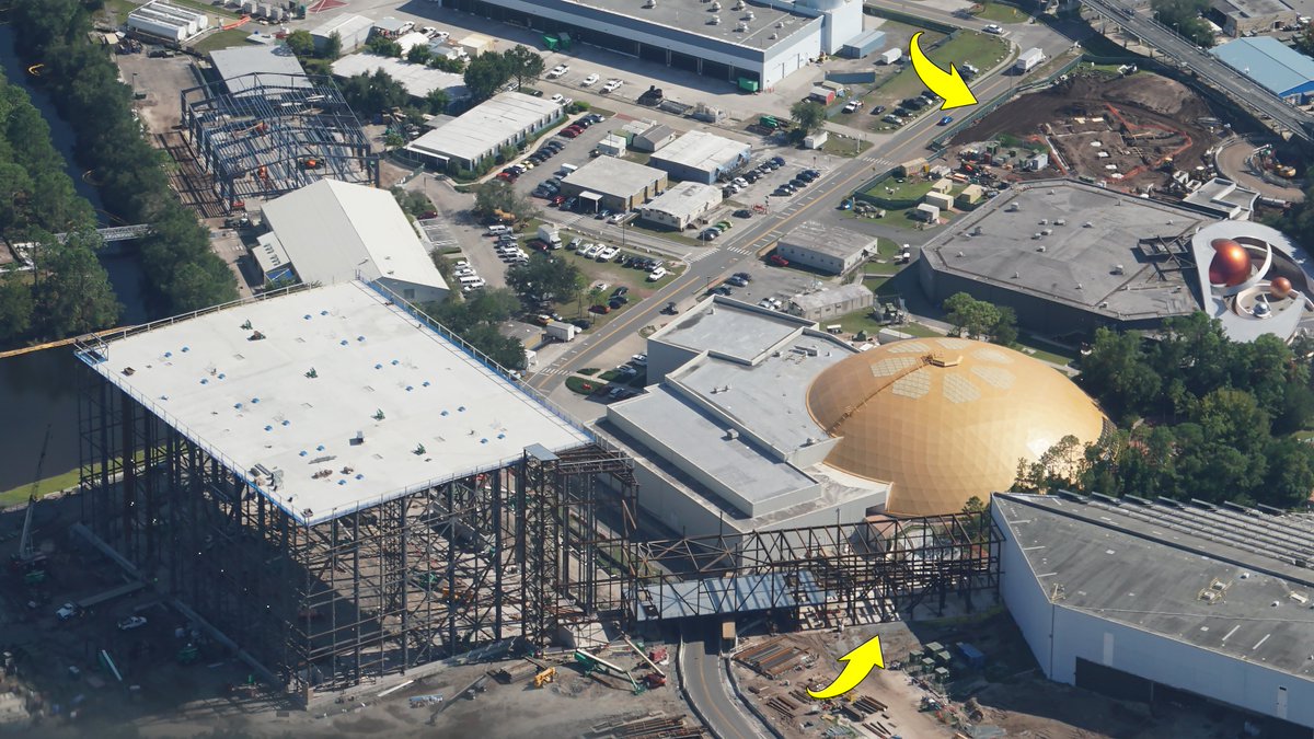 Aerial view of Guardians of the Galaxy.  Bottom arrow at frame that seems to be sloping for a ramp.

Top arrow at foundations of new Space restaurant at Epcot.