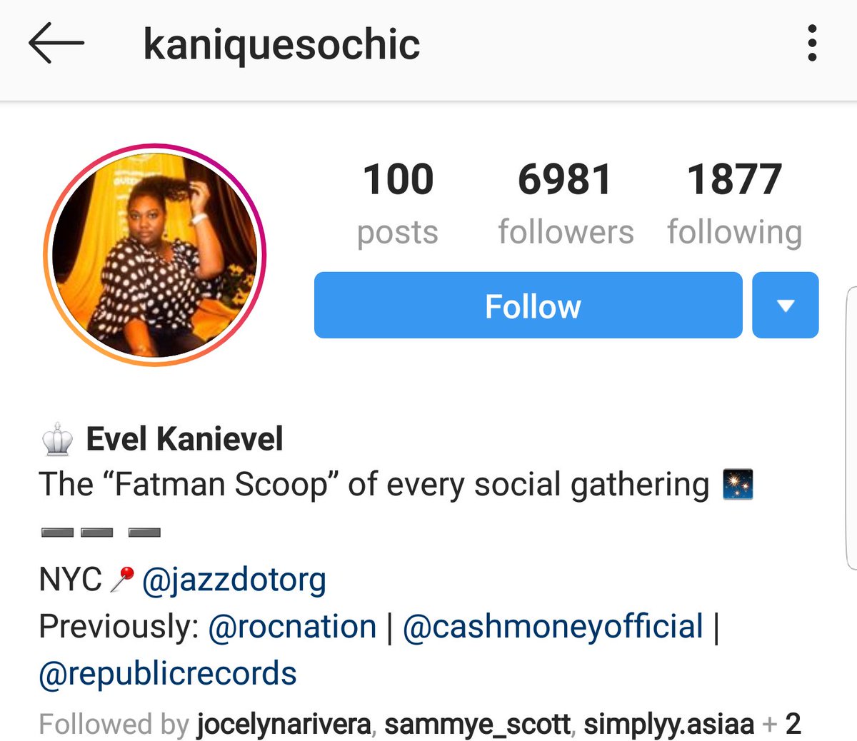 Kanique Swinsin IG: KaniquesochicMarketing Coordinator at Jazz at Lincoln CenterFormerly marketing coordinator for Young Money | Republic