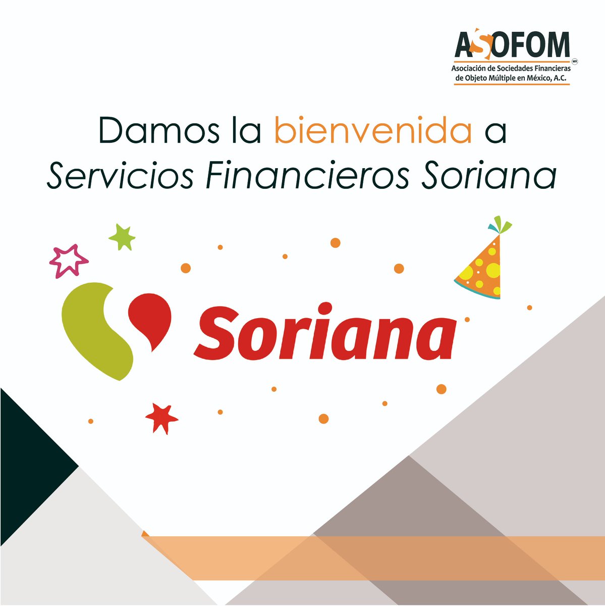 ASOFOM_OFICIAL's tweet photo. Bienvenido a Servicios Financieros Soriana cuya meta es brindar créditos especializados.😉 ¡Tú también únete al equipo #ASOFOM #SocioASOFOM! #SOFOM #SectorFinanciero #SoyASOFOM #Equipo 👏 https://t.co/CpCKNZE4TK