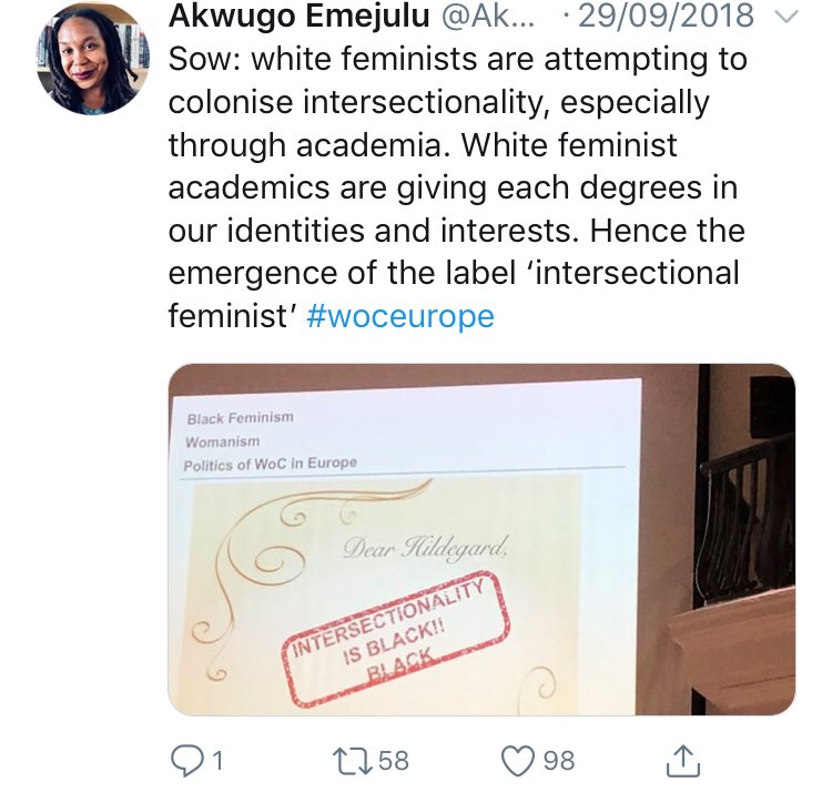 VLautard's tweet image. Une professeur de #sociologie de l’université anglaise de Warwick  (@warwickuni) propose l’émergence d’un label « féministe #intersectionnelle » pour combattre les « féministes blanches universitaire » qui « coloniseraient les intersectionnelles »...la on atteint des sommets..🤦‍♂️
