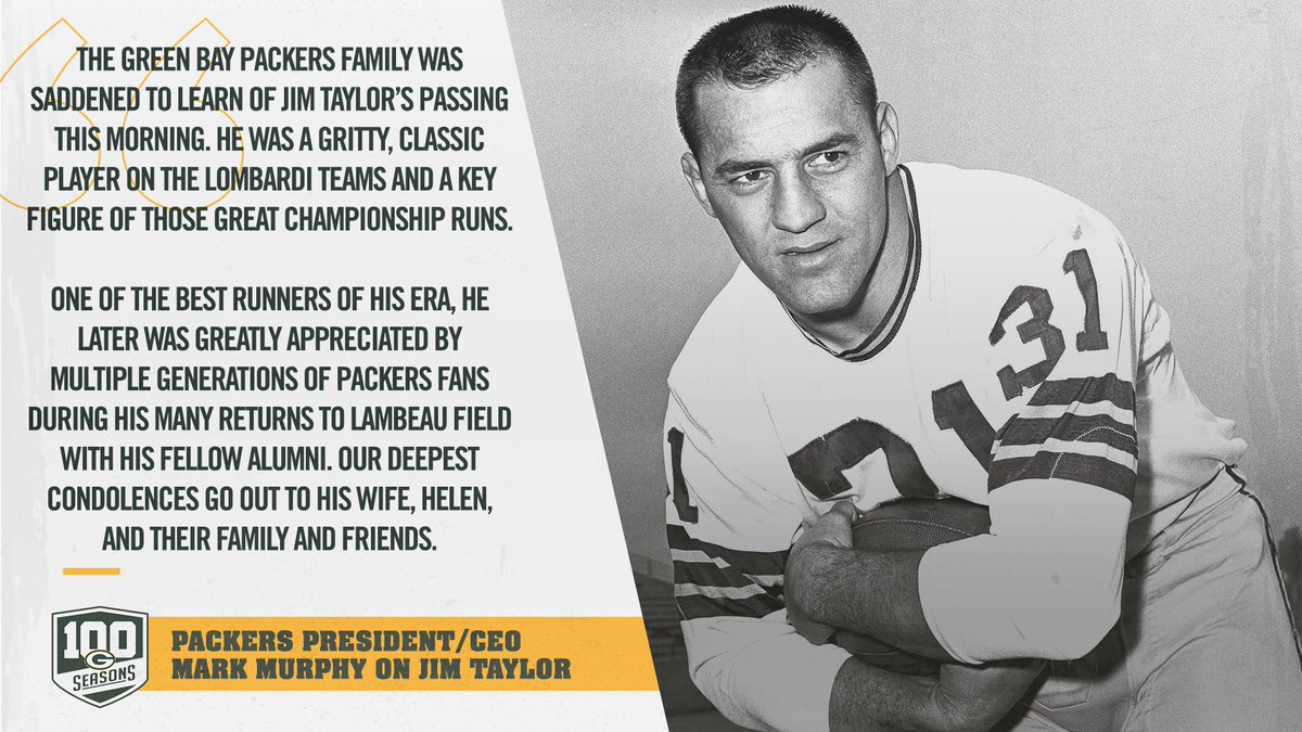 #Packers President/CEO Mark Murphy on the passing of Jim Taylor https://t.co/ymMpz66dAF