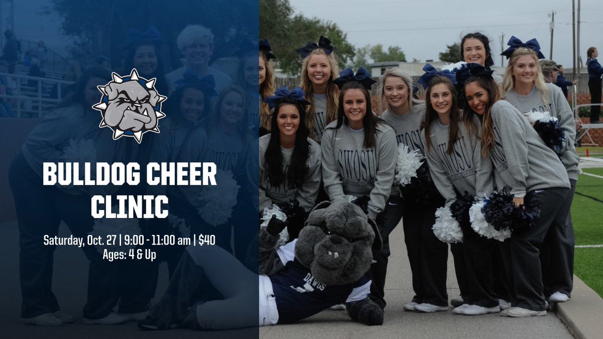 SWOSUAthletics's tweet image. On Saturday, October 27th, @SWOSUCheerPom is hosting Mini Bulldog Cheer Clinic at 9:00 am!

Cost of the clinic is $40 and comes with t-shirt &amp;amp; ticket to @SWOSUFootball game vs Oklahoma Baptist. Deadline to sign up is Wednesday!

See any SWOSU Cheerleader for more info!

#GoDawgs