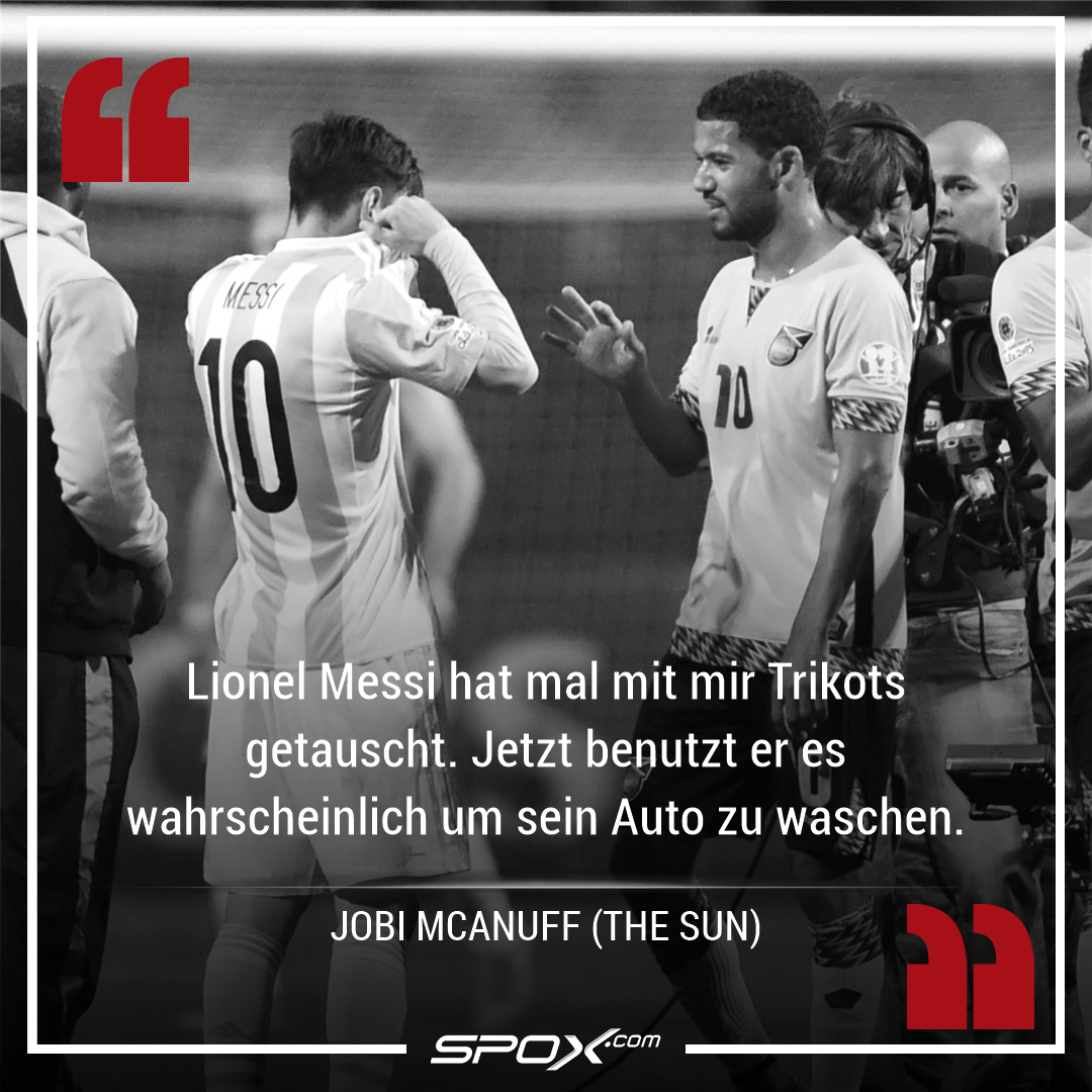 spox's tweet photo. 2015 tauschte der Jamaikaner Jobi #McAnuff nach einem Spiel der Copa #América sein Trikot mit Lionel #Messi. Er hat auch eine Vermutung für was der Argentinier sein #Trikot benutzt. 😂 https://t.co/t2rXSBIk81