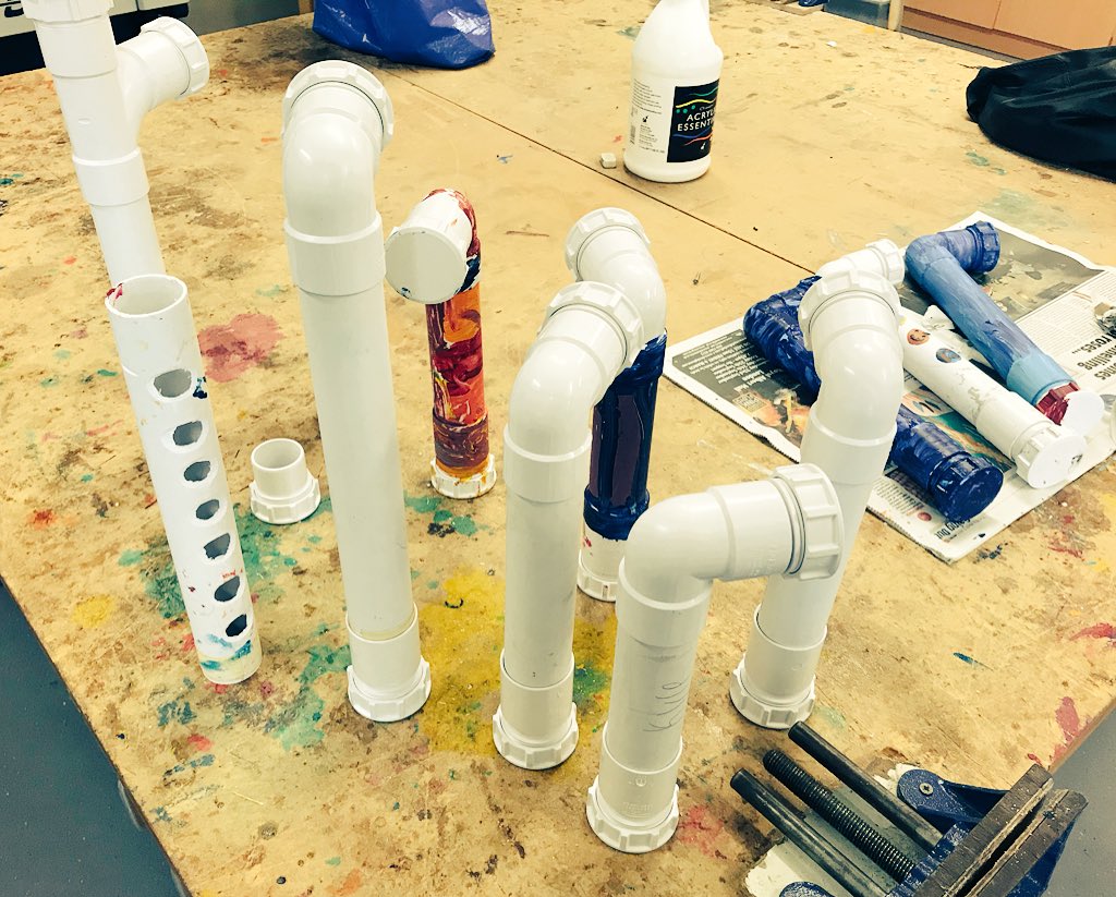 LAC students making musical instruments out of pipes.They calculated the relationship between the length of the pipes to the frequency of two octaves on a piano. Had so much fun it #hertz. Thanks @bluemangroup & @snubbyj for the inspiration. #musictechnology #stem #pipes