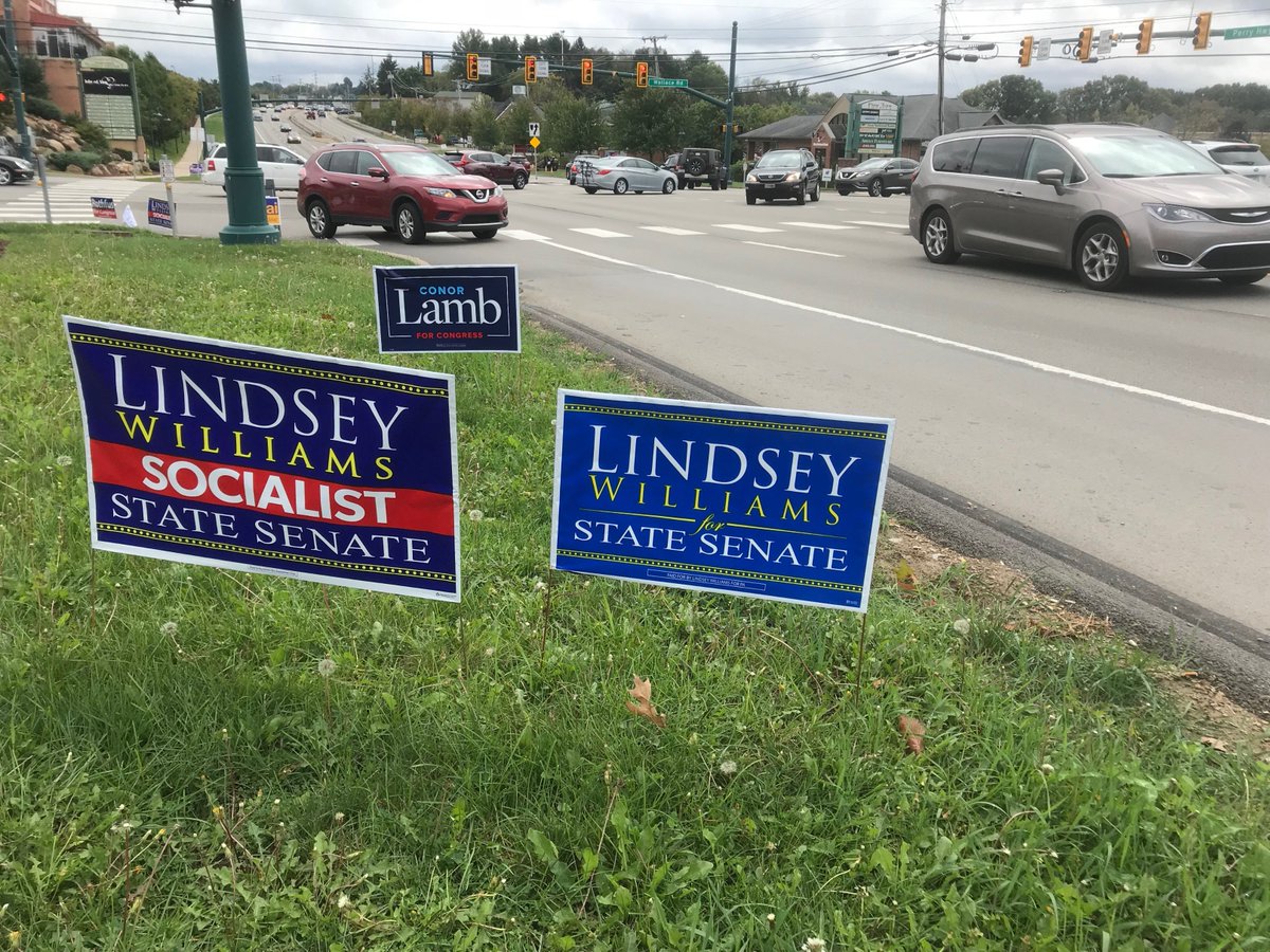 Progress_PA's tweet photo. While we're on the subject of signs, we'd like to share that Team Shaffer (technically the North Hills Republican Club) has impersonated the Lindsey Williams campaign and covered the North Hills with fraudulent dog-whistle socialist sign. This smells illegal.... https://t.co/VjNgF3ztSy