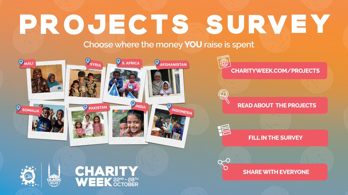 CharityWeekUK's tweet photo. This year's projects survey is out! With projects that explore a whole range of needs and countries - this is your opportunity to not only fundraise for children, but to also decide where the money is spent! 

#CW2018 #LetsGrowTogether https://t.co/kyN40TD2SL
