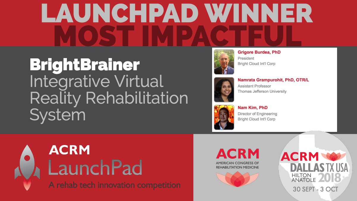 ACRMCancerRehab's tweet photo. MOST IMPACTFUL: ACRM 2018 LaunchPad WINNER: Grigore Burdea :: BrightBrainer

https://t.co/C2uoupFFKi https://t.co/qBLsAlMm63