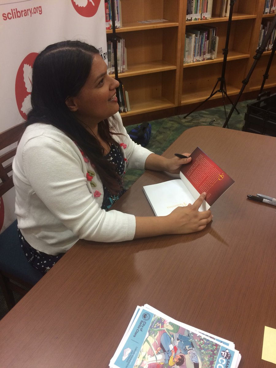 SantaClaraLib's tweet photo. Come get an autograph from @nidhiart on the first floor at #sclibrarycon! Copies of her fabulous graphic novel, #Pashmina, are available for purchase! #comiccon #graphicnovels https://t.co/22mBBLmoC3