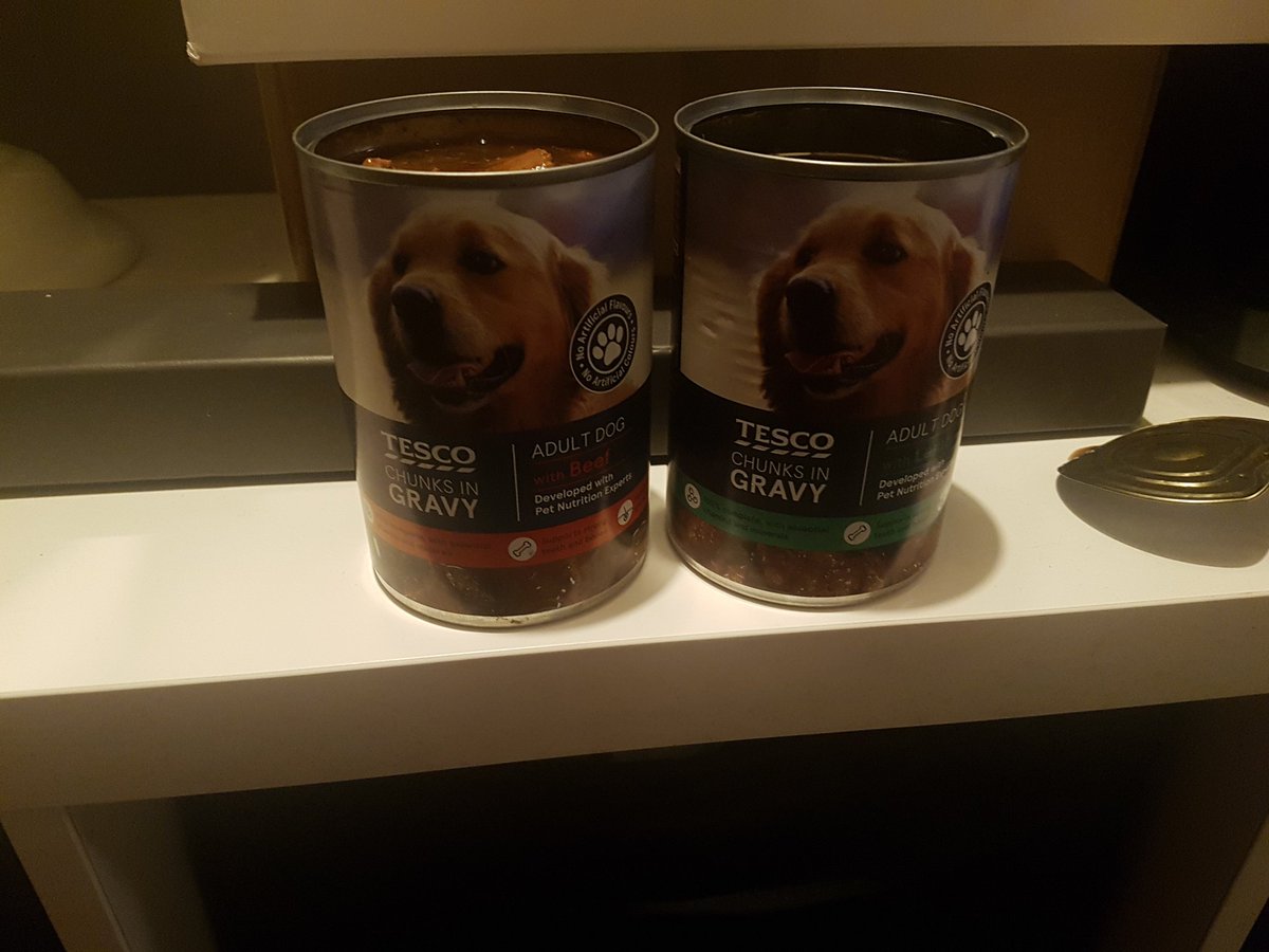 SarahJGearing's tweet photo. @Tesco not sure what happened here but I can't give this to my dog. Put another can next to it so you can clearly see something wrong? Just a dark liquid substance? https://t.co/MoPO0yHjOw