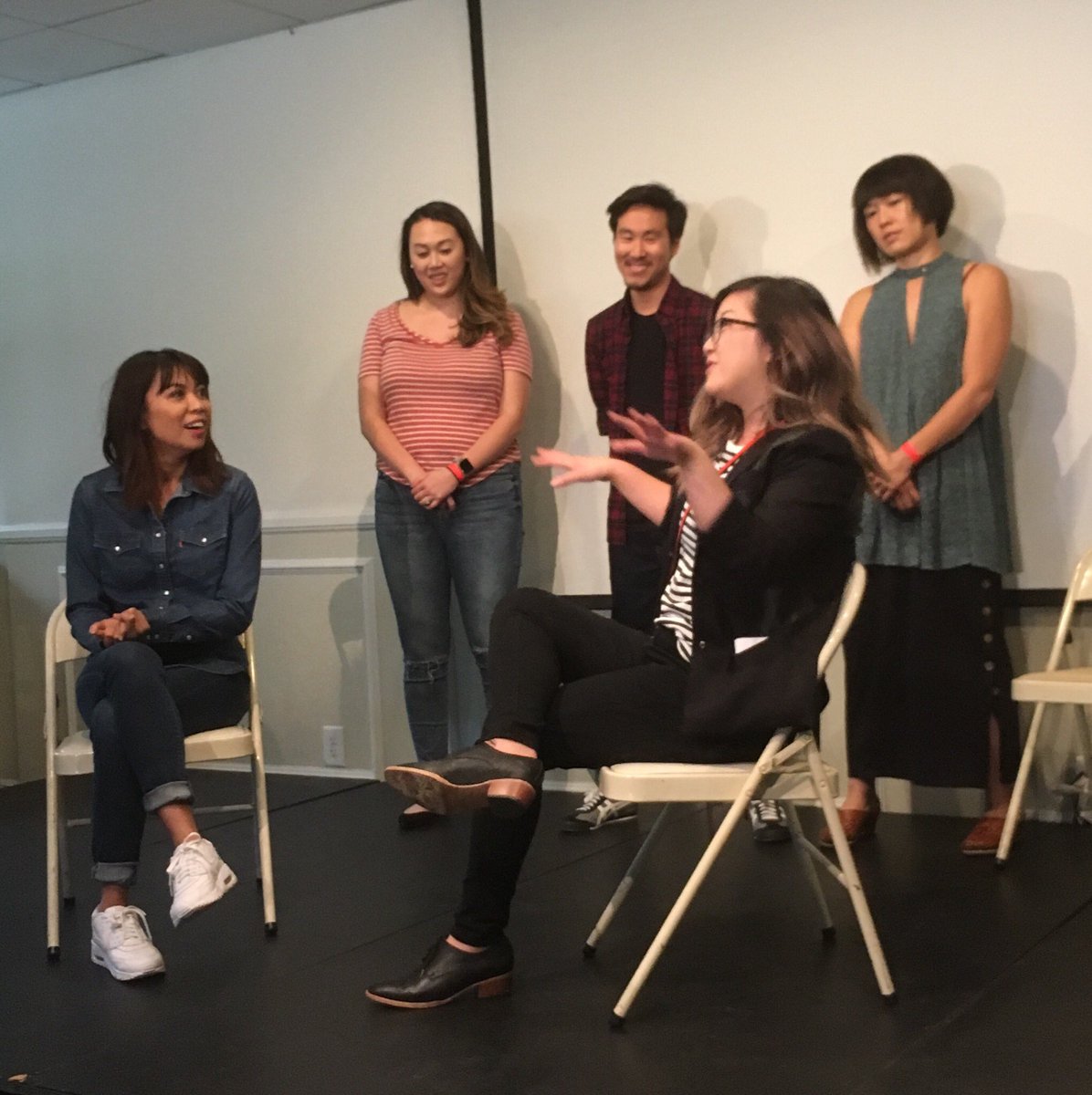 sarahkuhn's tweet photo. Love @itscomedycomedy! Kicking it off with @Sukiestyles doing her first standup and @TessParas interviewing @jessjutweets about her days as the Bully of Monterey Park while @yolajlu @willschoi @AtsukoComedy look on in wonder/horror. And then Will plays the sax. #comedycomedyfest https://t.co/4Iefxo2WNJ