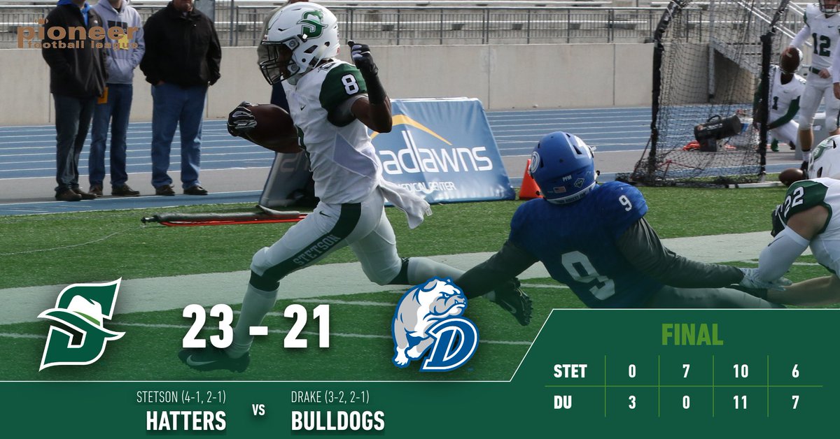 StetsonFootball's tweet photo. UN-BE-LIEV-ABLE!!!
Hatters score on the final play to beat Drake 23-21!
@McGovern_7 pass to @Jack__Bowen on the final play. Bowen stopped short of the goal line and fumbled on purpose. @Steve_O_13 picked up the loose ball and scored the winning TD
#Sunited https://t.co/1LEIdMTnzC
