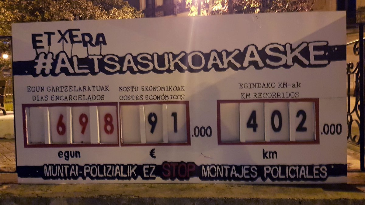 Altsasugurasoak's tweet photo. Mañana Adur, Jokin y Oihan cumplirán 700 días en prisión. Dos años en los que #Altsasu ha sufrido uno de los más claros ejemplos de criminalización e intoxicación mediática. Ante esto, mañana nos concentraremos en el Frontón Burunda con la dignidad y la razón de un pueblo. https://t.co/SK9TpxFCkM