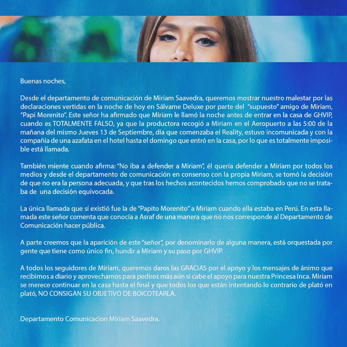 MiriamSaavdra's tweet photo. Comunicado Oficial Departamento Comunicación Miriam Saavedra @DeluxeSabado @telecincoes @mediasetcom https://t.co/8h4ZFyt1eC