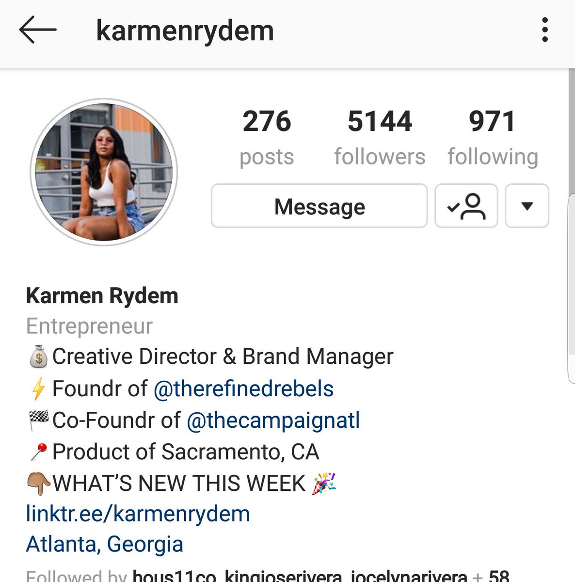 Karmen RydemIG: karmenrydemCreative director & brand managerFounder: TheRefinedRebelsCo-founder: TheCampaignAtl