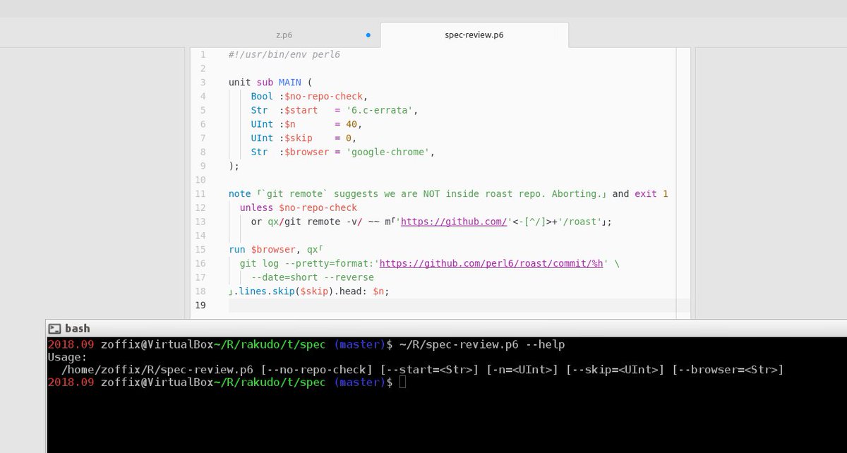 zoffix's tweet image. In #Perl6, you can save an indent level by declaring `sub MAIN` a `unit`. Rest of the file becomes its body.

Fairly neat way to get free `--help` message for your program 🤗

#Programming