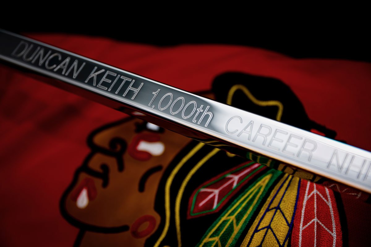 NHLBlackhawks's tweet photo. Special guest Patrick Sharp is on hand to present Duncs with his silver stick! #DK1K https://t.co/W38asodrkm