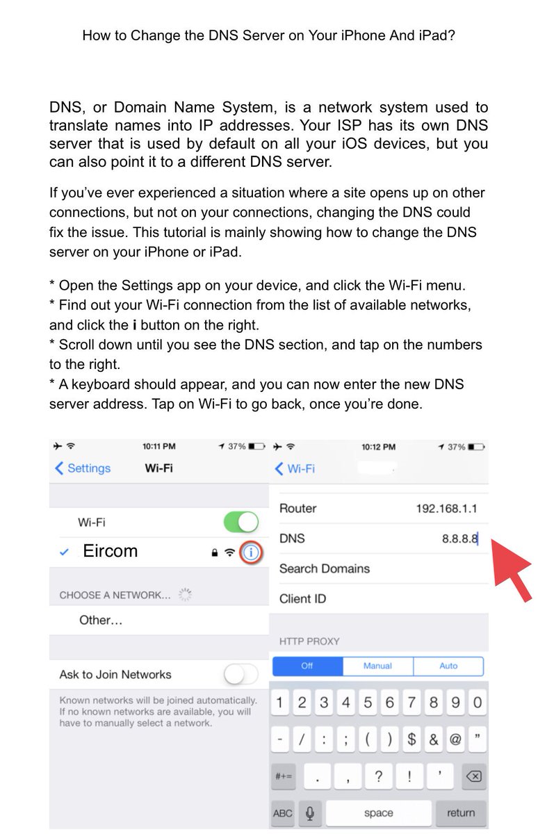 eddo2495's tweet photo. EIRCOM DOWN โผ๏ธ
1. Go to your WiFi setting on phone
2. Press ( i ) beside Eircom
3. Scroll down until you see DNS
4. Tap on numbers and change to 8.8.8.8 or 8.8.4.4
5. Tap WiFi when your done
6. When Eircom gets system fixed change back to automatic DNS
#smartfixnavan #eircom https://t.co/JyLD5edE0i