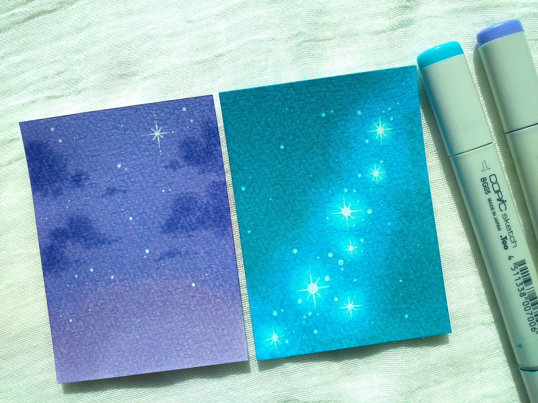 江口友美 Tomomi Eguchi リクエストをいただき コピックで夜空 星空 を描きました どちらも ３色 ミディアムブロード側 Figスケッチブック 白インクのボールペン を使用しています ハロウィン のイラストの背景に添えても 良いかも