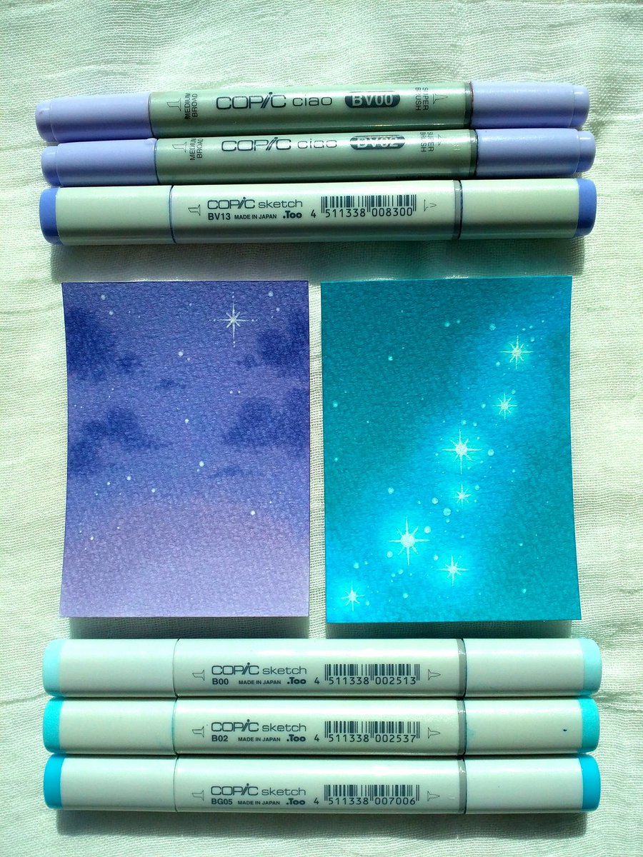 江口友美 Tomomi Eguchi リクエストをいただき コピックで夜空 星空 を描きました どちらも ３色 ミディアムブロード側 Figスケッチブック 白インクのボールペン を使用しています ハロウィン のイラストの背景に添えても 良いかも