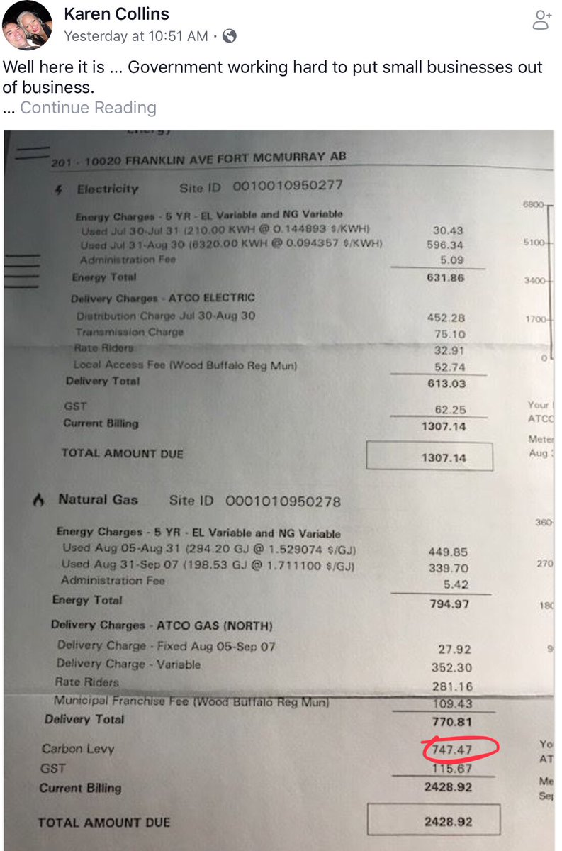 jkenney's tweet photo. $747 in carbon tax on this small business's gas bill - almost equal to the price of gas itself (a 94% tax)! How are they supposed to make this up? Staff cuts? Price hikes (and potentially losing customers)? Closing down? And the cost keeps going up further under Trudeau-NDP plan. https://t.co/J8jkEoeTwN