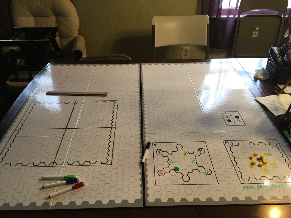 Some early prototyping for a potential legacy game for the boys. Took two big dry-erase boards.