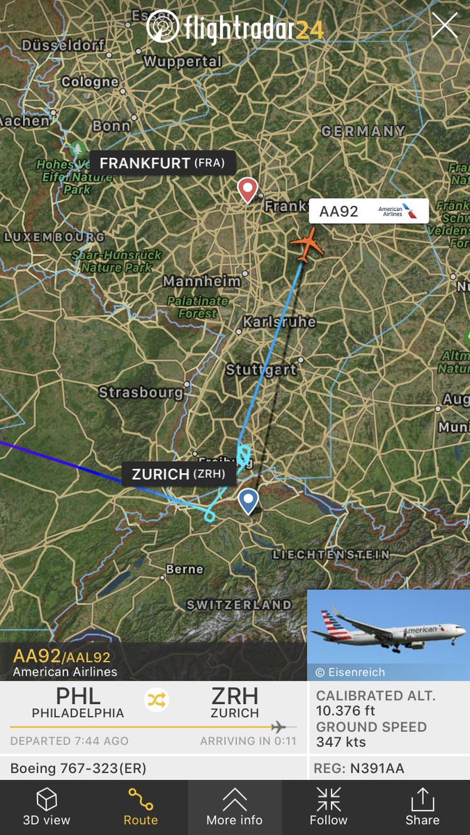 FlightIntl's tweet photo. American Airlines flight #AA92 from Philadelphia to Zurich is diverting to Frankfurt after holding inbound to ZRH (airport reports low visibility due to fog) https://t.co/V971SEqEAB https://t.co/bTJ2lszJhC