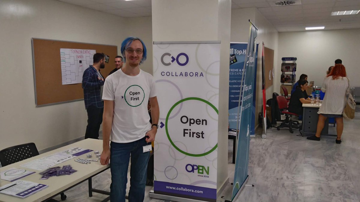 Collabora's tweet photo. Second day at @Fosscomm2018 in Heraklion, Greece! Come by our table to grab some freebies &amp; have a chat with @andrew_shadura! #OpenSource https://t.co/jsNAEAv2YY