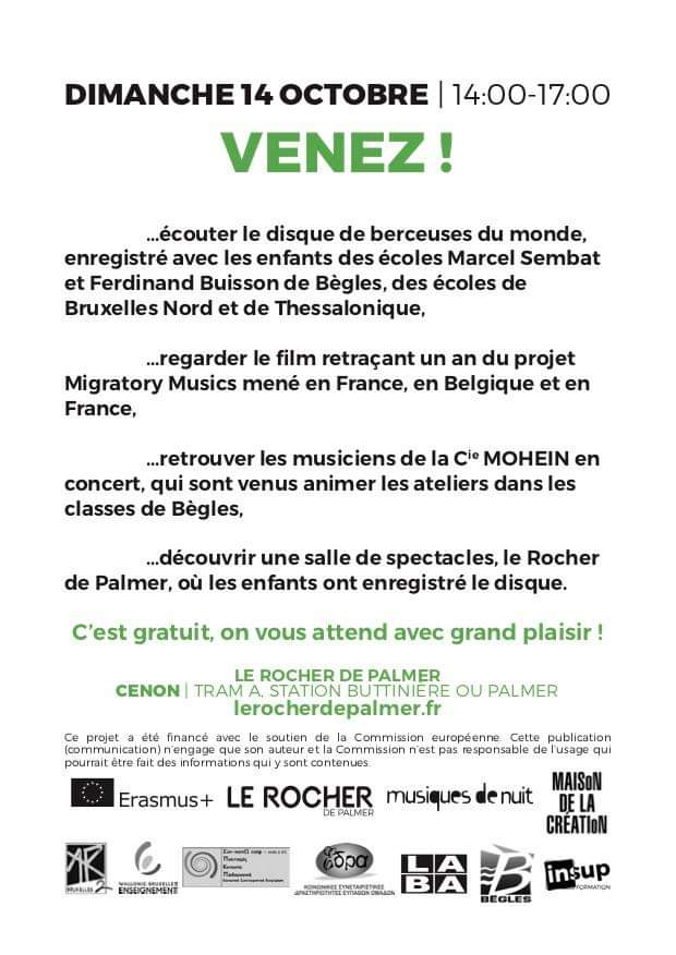 Le_LABA's tweet photo. Aujourd'hui à partir de 14h @RocherdePalmer& ses partenaires prolongent les #ErasmusDays
Venez!
écouter le disque de berceuses du monde enregistré par les enfants de @Villedebegles Bruxelles Thessalonique
regarder le film du projet #MigratoryMusics
retrouver Cie Mohein en concert https://t.co/bbYLRrbtCQ