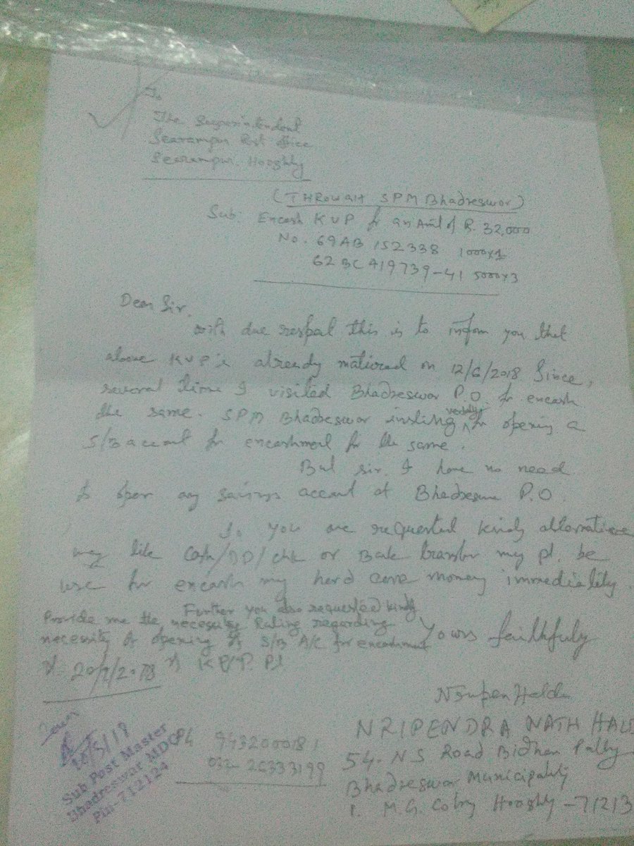 NRIHALDER's tweet photo. @IndiaPostOffice @manojsinhabjp 4 KVP against my name matured on 12.6.18. Since then I visited spm Bhadreswar po  hooghly west bengal for encashment.
Complain lodge on dop web site (10008822059)DT 21.9.18 still showing pending. Pl guide.
N n Halder
9432000181 https://t.co/3eGQcnn8te